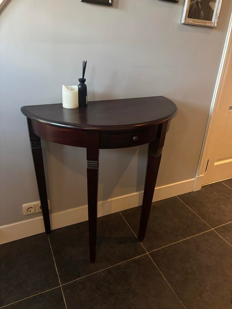 Halfronde Console Tafel met Lade - Donkerbruin Hout, Huis en Inrichting, Tafels | Sidetables, Ophalen, Gebruikt, 50 tot 100 cm