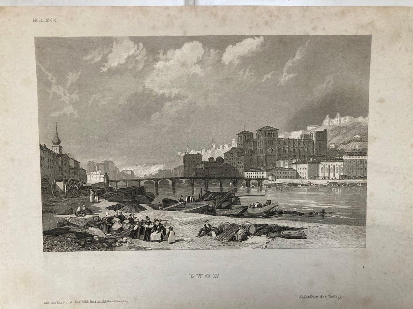 Lyon, Staalgravure, rond 1850, Hildburghausen, 15,4x9,7cm., 10 cm, 1800 - 1899, Stadsgezicht, Ophalen of Verzenden