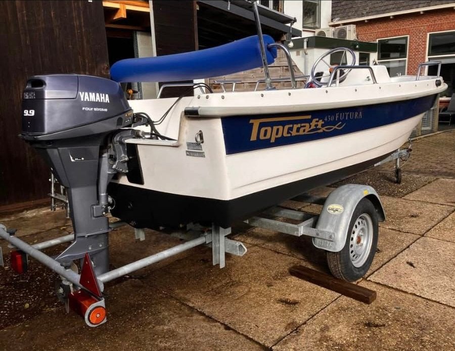 Topcraft Futura 435 + 9,9 pk 4 takt + trailer, Ophalen, Tot 10 pk, Viertaktmotor, Zo goed als nieuw