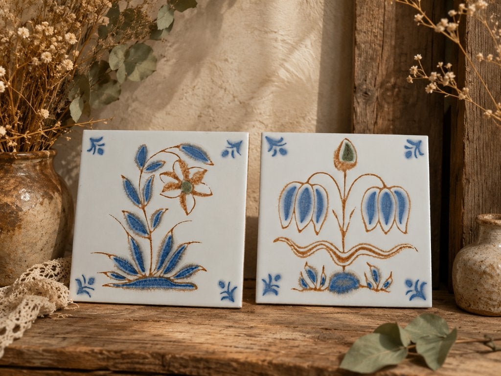 Set van 2 vintage Franse tegels met bloemmotief, Antiek en Kunst, Ophalen of Verzenden