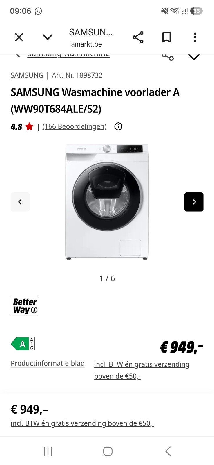 Samsung Voorlader Wasmachine A (WW90T684ALE/S2), Ophalen, 1200 tot 1600 toeren, Zo goed als nieuw, 85 tot 90 cm