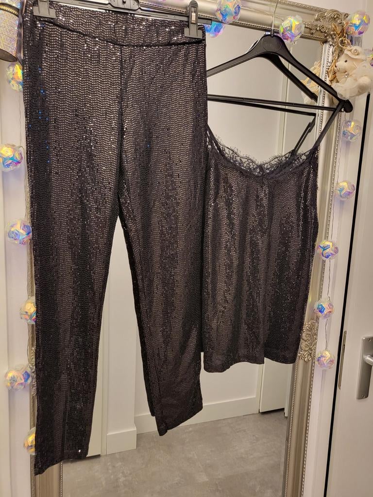 Zwart glitterpak met top en leggings, Ophalen of Verzenden