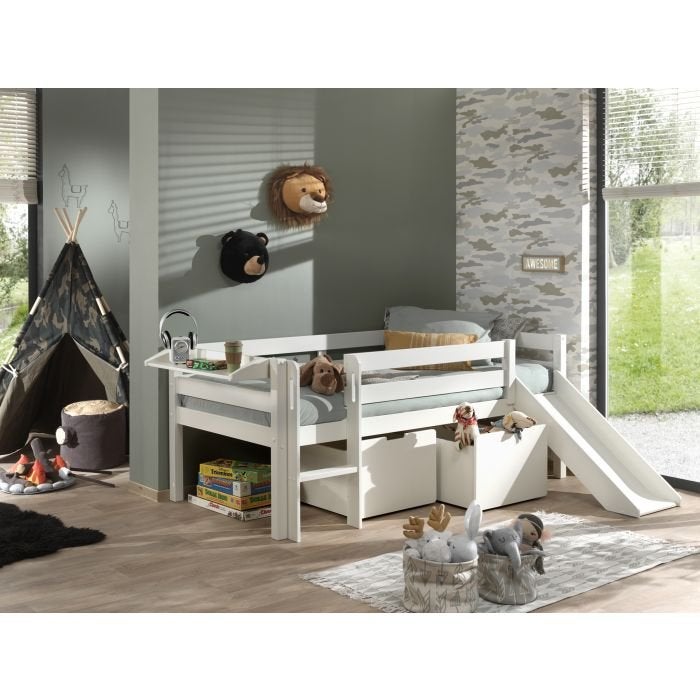 Pino halfhoogslaper laag met glijbaan - 90x200 - Wit, Niet ingevuld, Niet ingevuld, Niet ingevuld