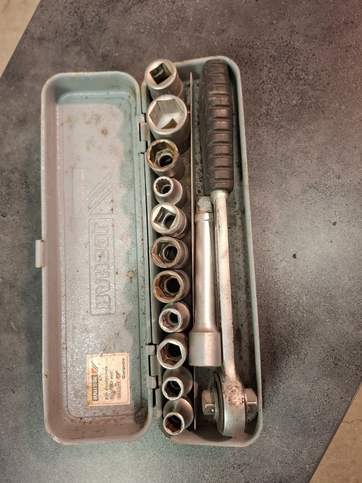 Dopmoersleutelset met ratel - Gebruikt, Doe-het-zelf en Verbouw, Gereedschap | Handgereedschap, Ophalen of Verzenden, Gebruikt