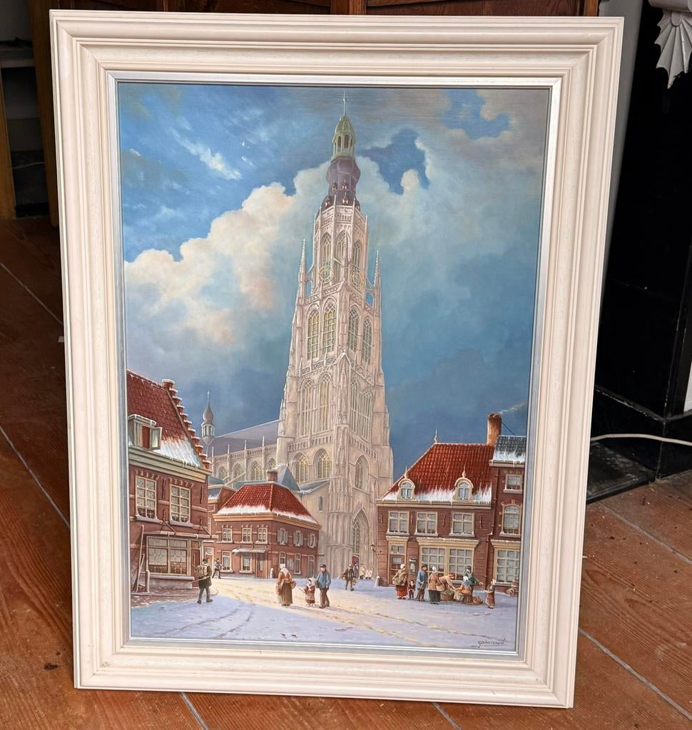 Olieverfschilderij met lijst Grote Kerk Breda Cees Pinxteren, Antiek en Kunst, Ophalen