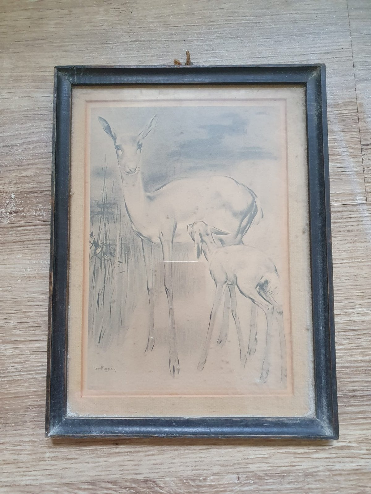 Vintage tekening van ree met kalf, gesigneerd, Antiek en Kunst, Ophalen
