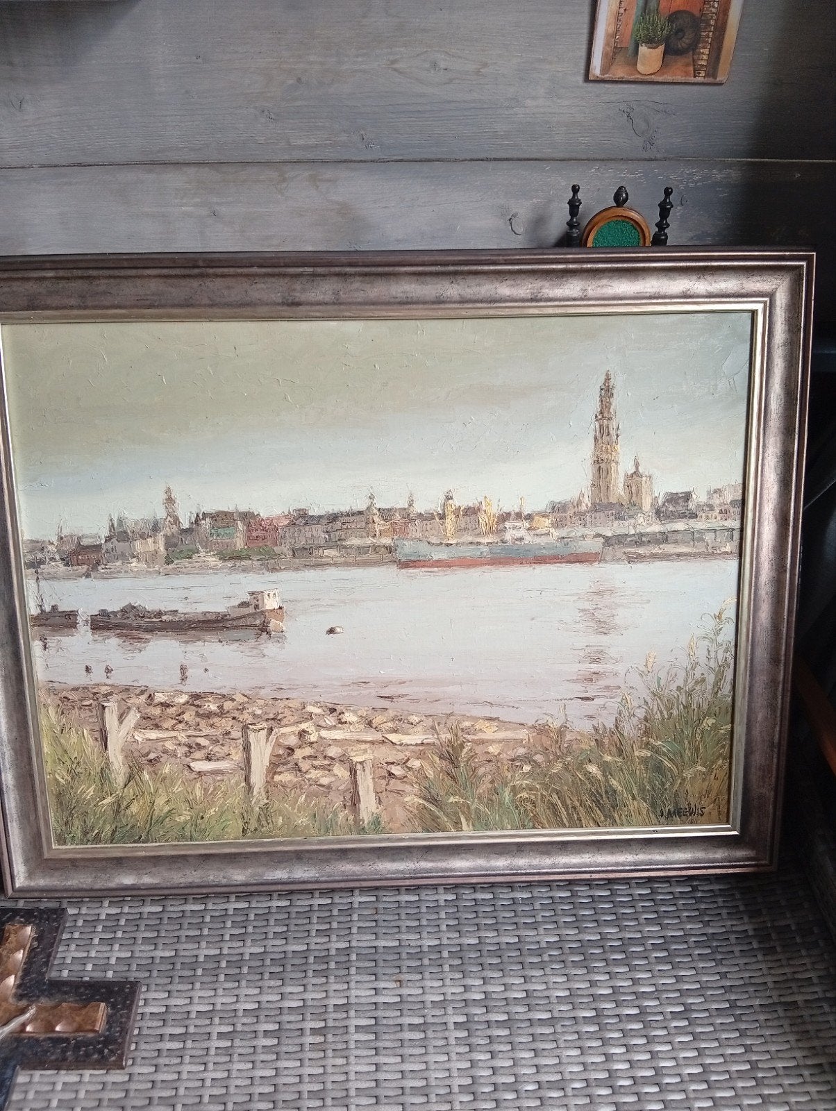 Olieverfschilderij J. Meewis - Stadsgezicht Antwerpen, Ophalen of Verzenden