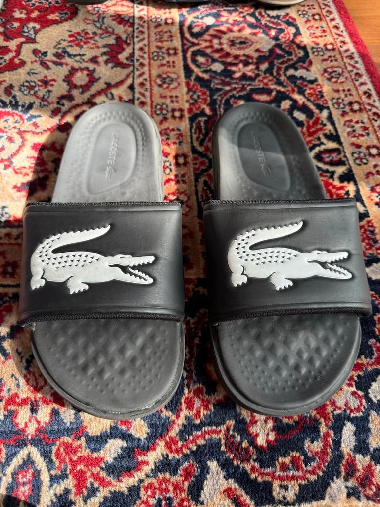 Lacoste slippers met krokodillenlogo maat 47, Ophalen of Verzenden, Zo goed als nieuw, Zwart, Slippers