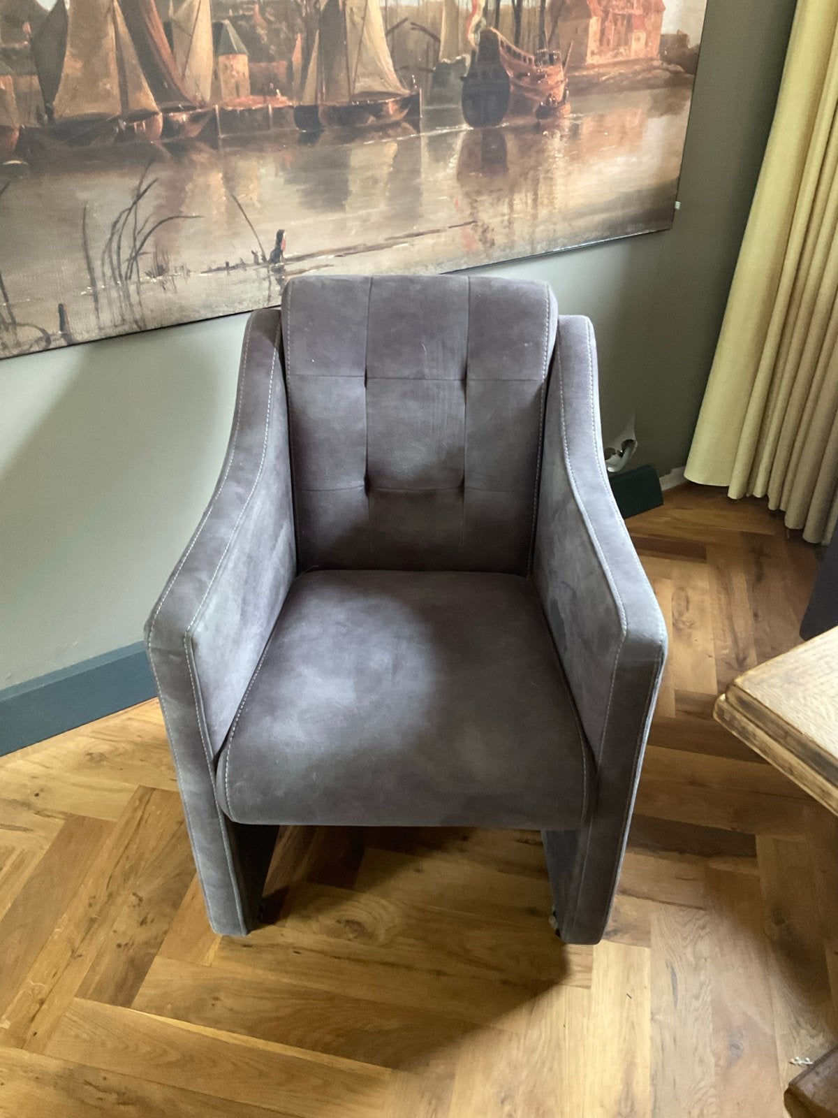 6 eetkamerstoelen suede stof, Gebruikt, Ophalen of Verzenden, Vijf, Zes of meer stoelen, Stof