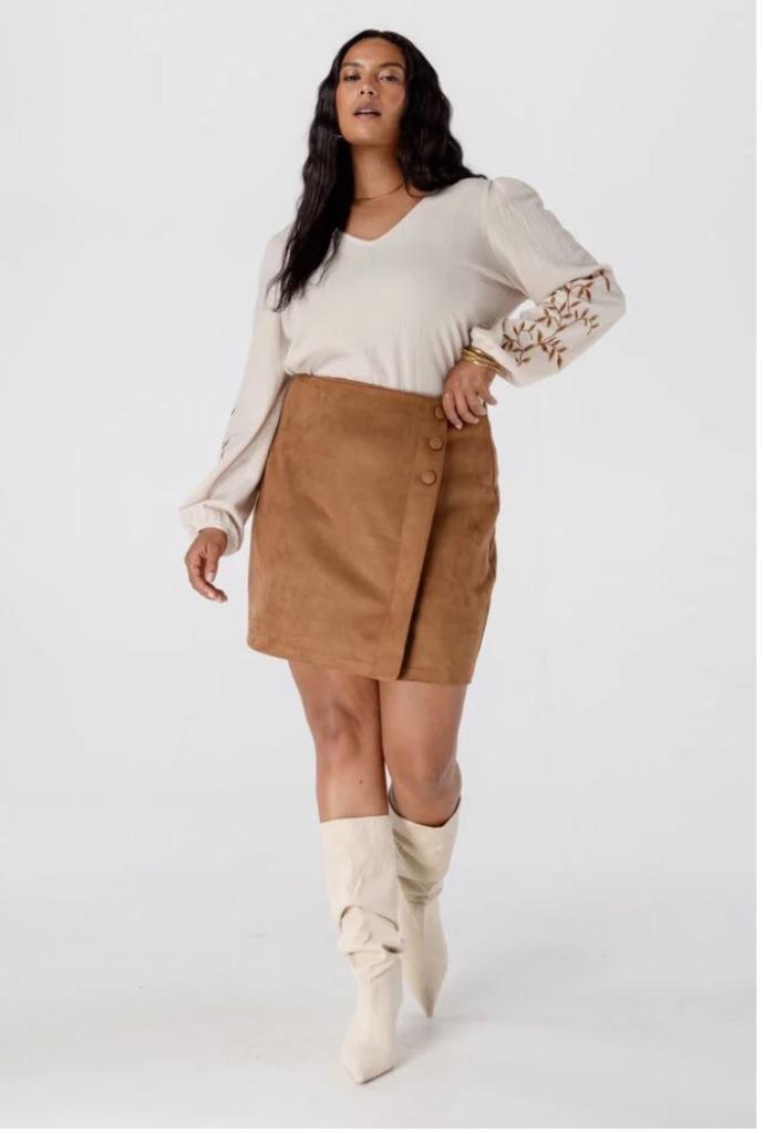 Suede look rok maat xl en blouse xl, Bruin, Maat 42/44 (L), Ophalen of Verzenden, Zo goed als nieuw