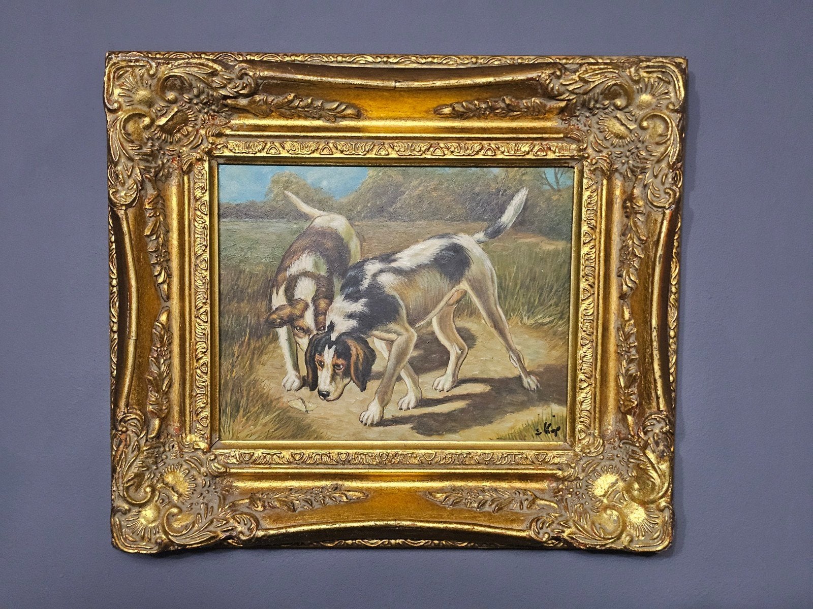 Olieverfschilderij van twee jachthonden, gesigneerd, Antiek en Kunst, Kunst | Schilderijen | Klassiek, Doek, Realistisch, Origineel werk