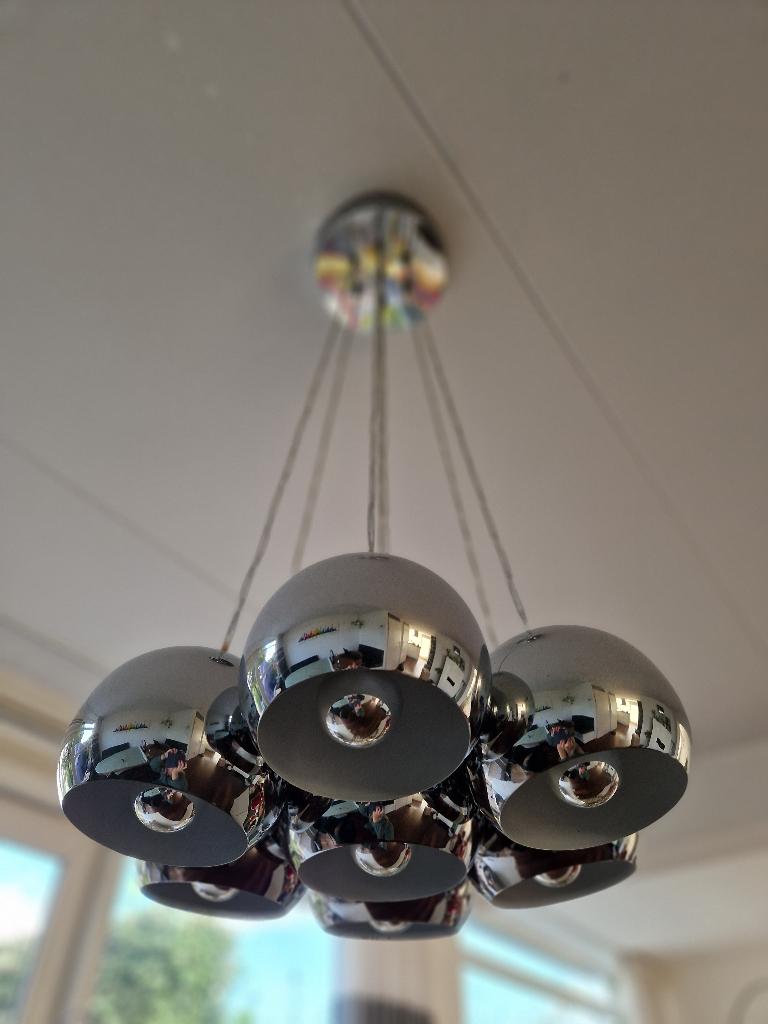Design hanglamp chroom / chrome 7 bollen - 70's, Ophalen of Verzenden, Zo goed als nieuw, Modern, Metaal