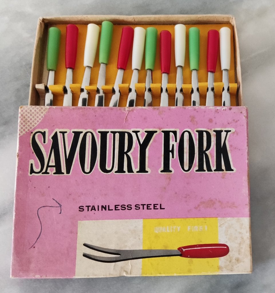 Vintage: Savoury forks / little forks / cocktail vorkjes, Ophalen of Verzenden