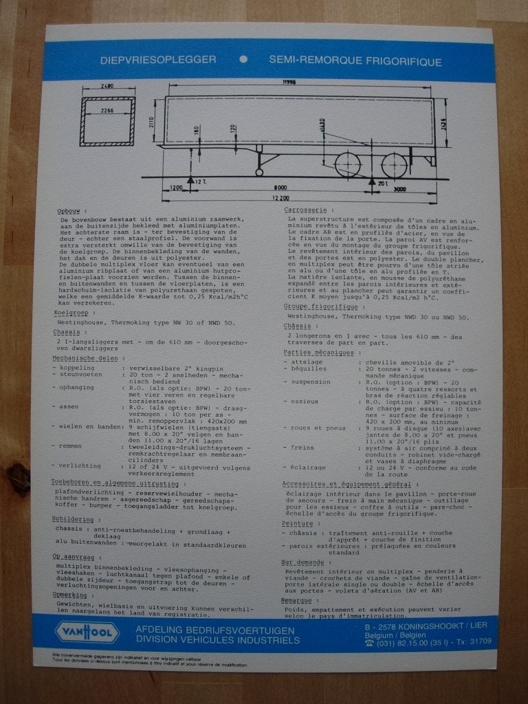 Van Hool Diepvries Koel Oplegger Brochure ca 1975 Trailer, Ophalen of Verzenden, Zo goed als nieuw, Overige merken, DAF