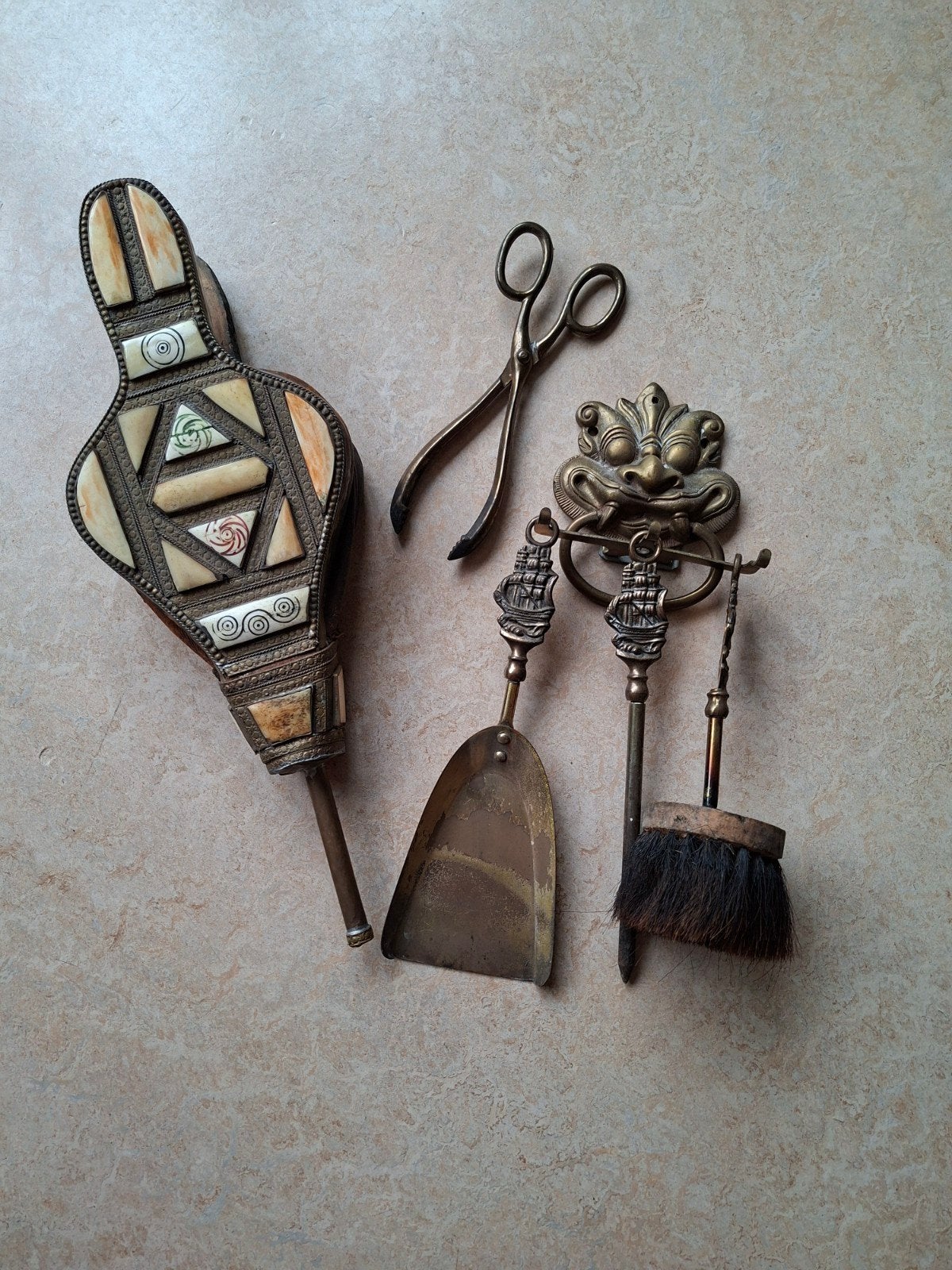 Vintage haardset met blaasbalg en schep, Ophalen of Verzenden