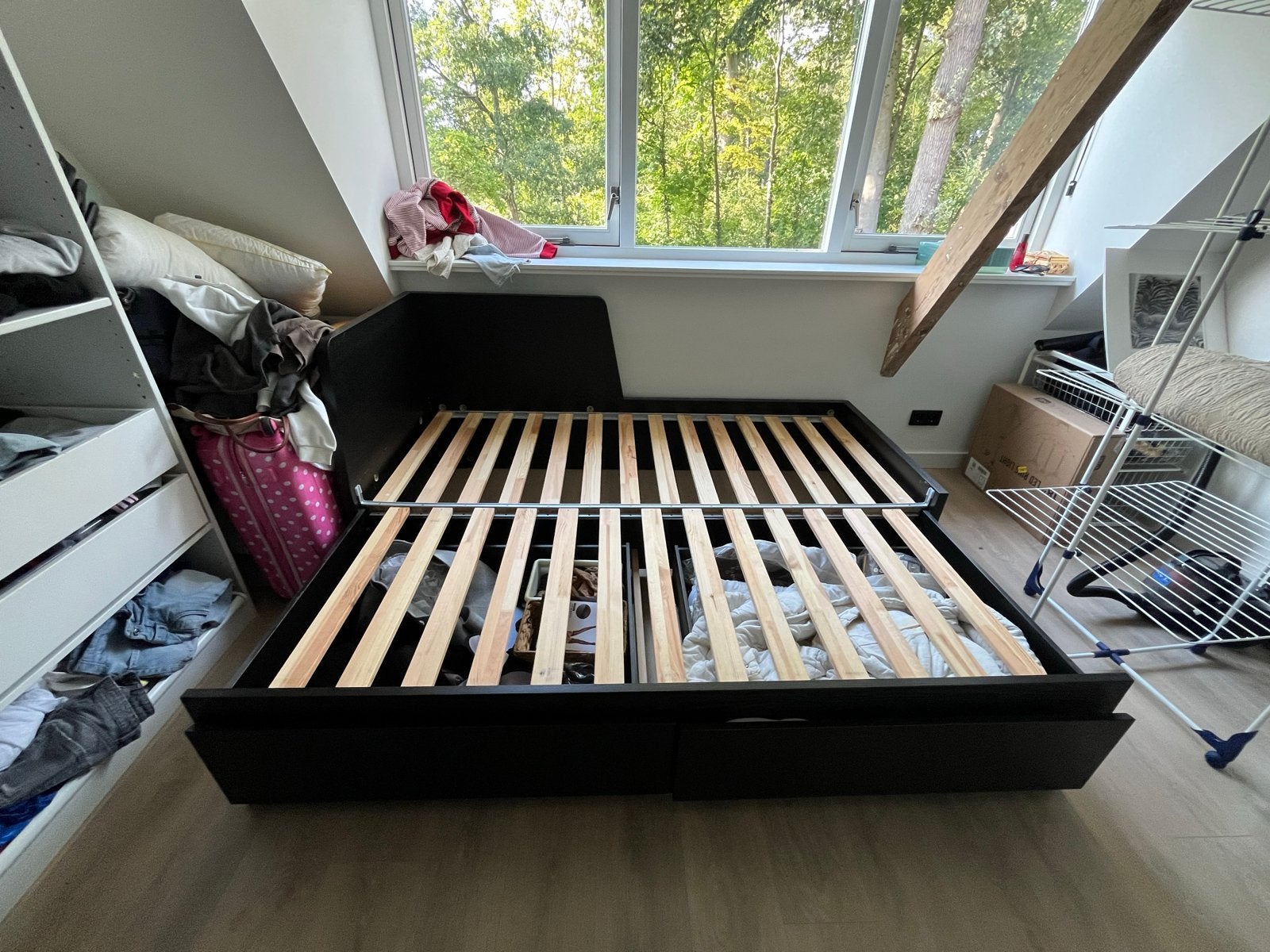 Ikea Flekke Zwart bedframe met lades, 140x200 cm, Ophalen, Gebruikt, Zwart, Tweepersoons