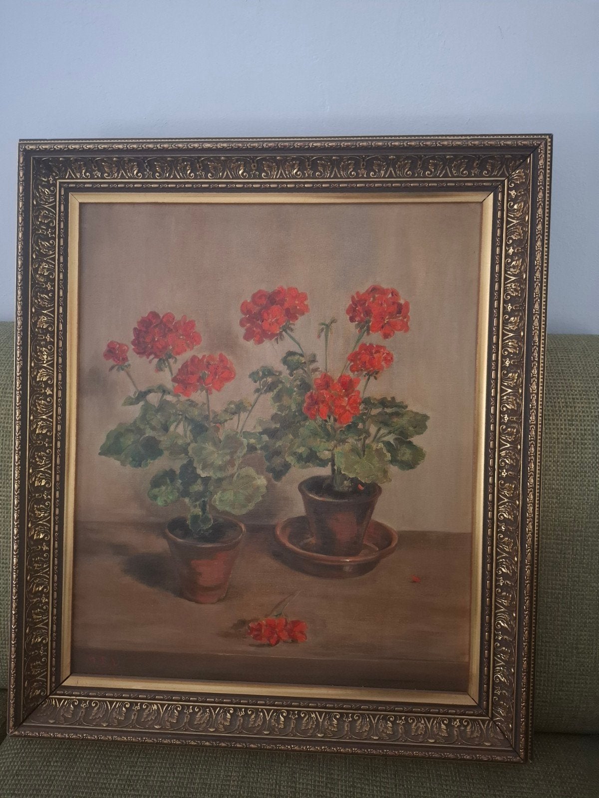 Bloemstilleven met geraniums, Antiek en Kunst, Doek, Olieverf, Gesigneerd, Ophalen