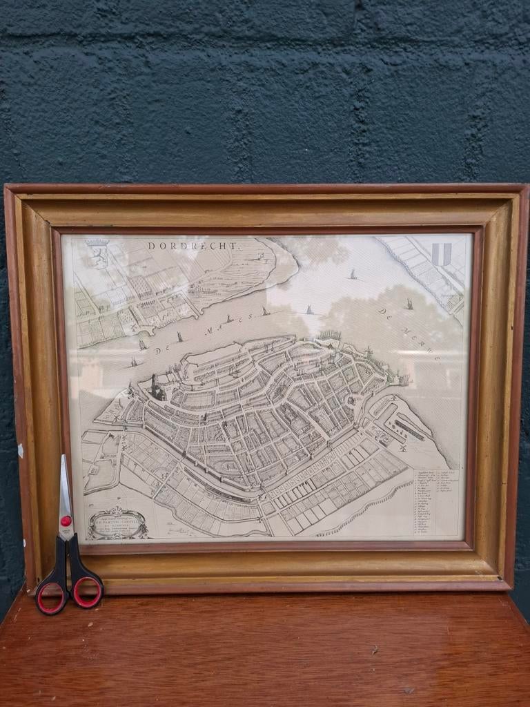 Antieke kaart Dordrecht, ingelijst, 17e eeuw, Ophalen, Stadsgezicht, 1600 - 1699, Gravure