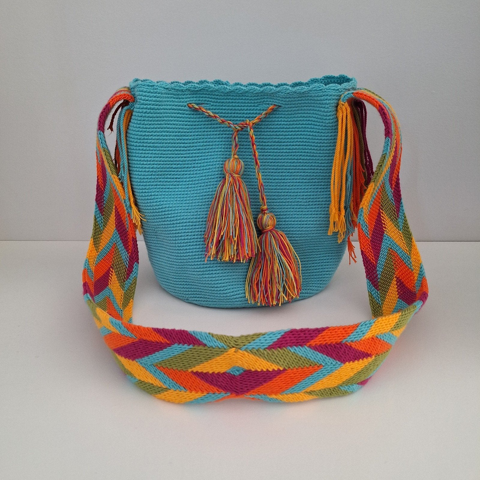 Wayuu mochila tas - turquoise - handgemaakt, Ophalen of Verzenden, Nieuw, Blauw, Schoudertasje