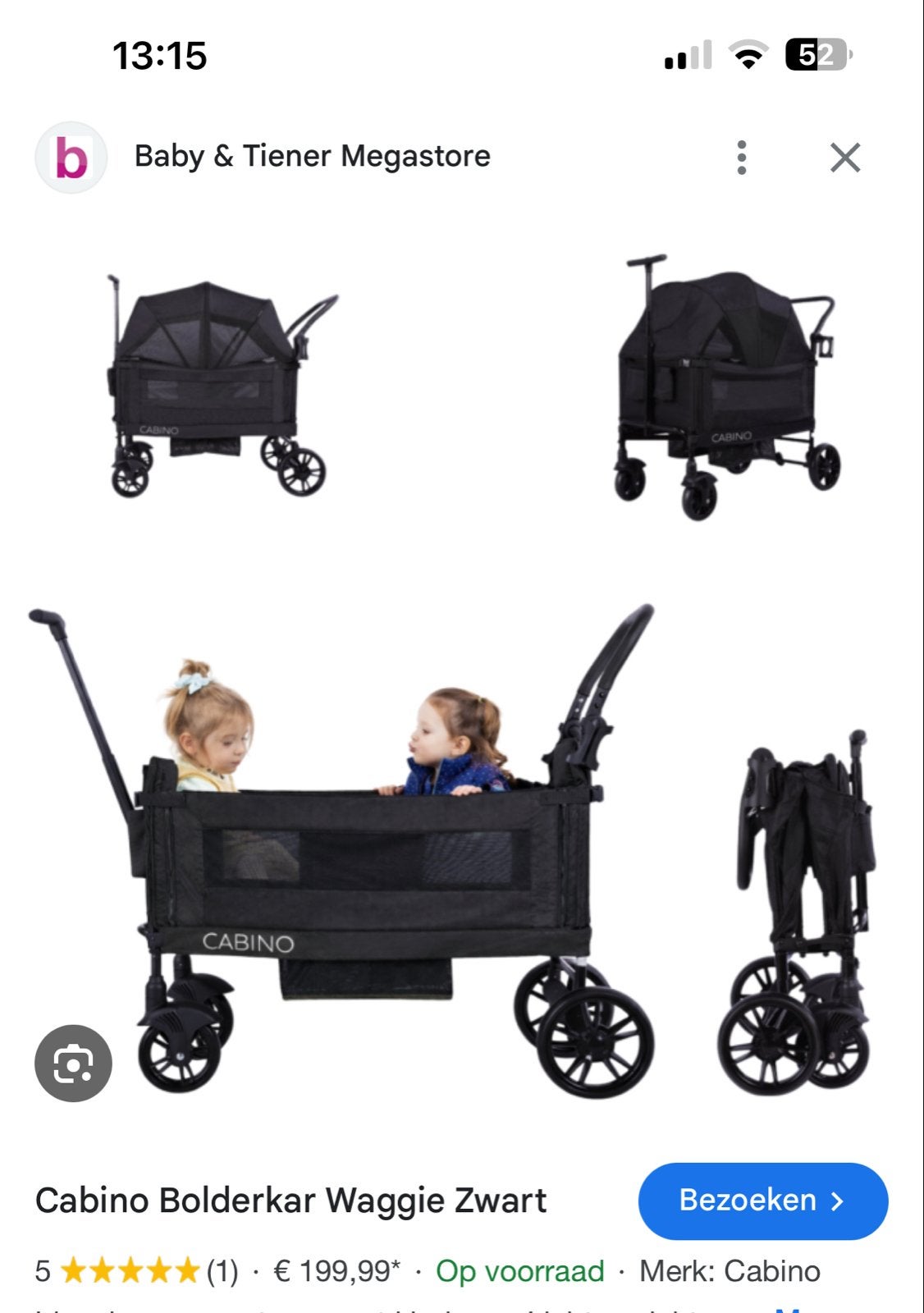 Cabino Bolderkar Waggie Zwart - Nieuw in doos, Caravans en Kamperen, Bolderkarren, Ophalen, Opvouwbaar, Nieuw