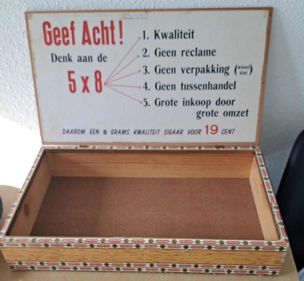 Vintage Sigarenkist "Geef Acht!"  19 Cent Sigaren Kruger, Ophalen of Verzenden, Gebruikt, Tabaksdoos of Verpakking