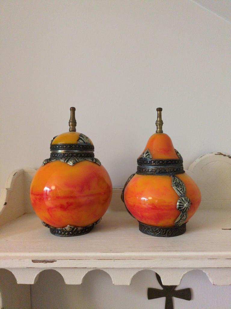 Decoratieve Oosterse Potten - Oranje met Metaalaccenten, Ophalen of Verzenden, Zo goed als nieuw