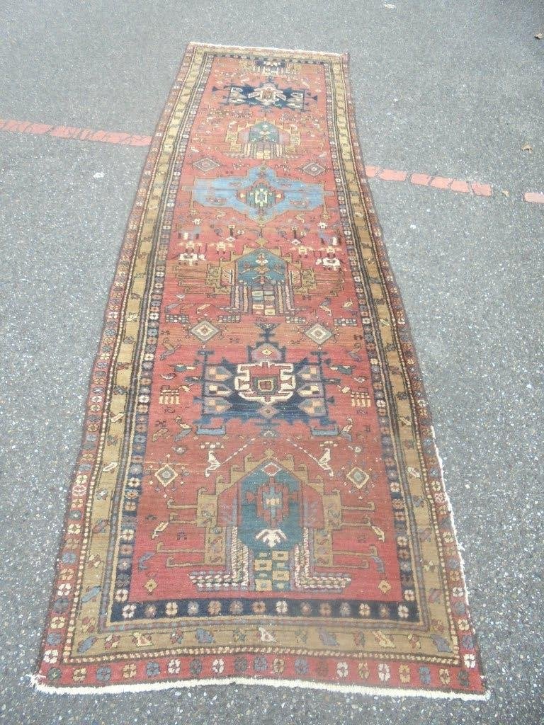 antiek oud handgeknoopt tapijt loper heriz, Gebruikt, Geen, 200 cm of meer, Perzisch heriz