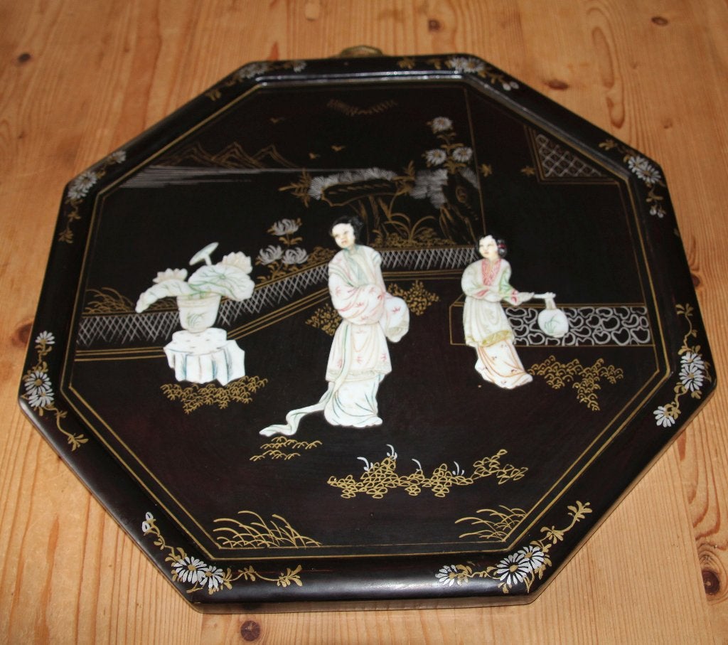Achtkantig Chinees Lak Bord (Mother of Pearl), Hout, Op te hangen, 36 cm, China