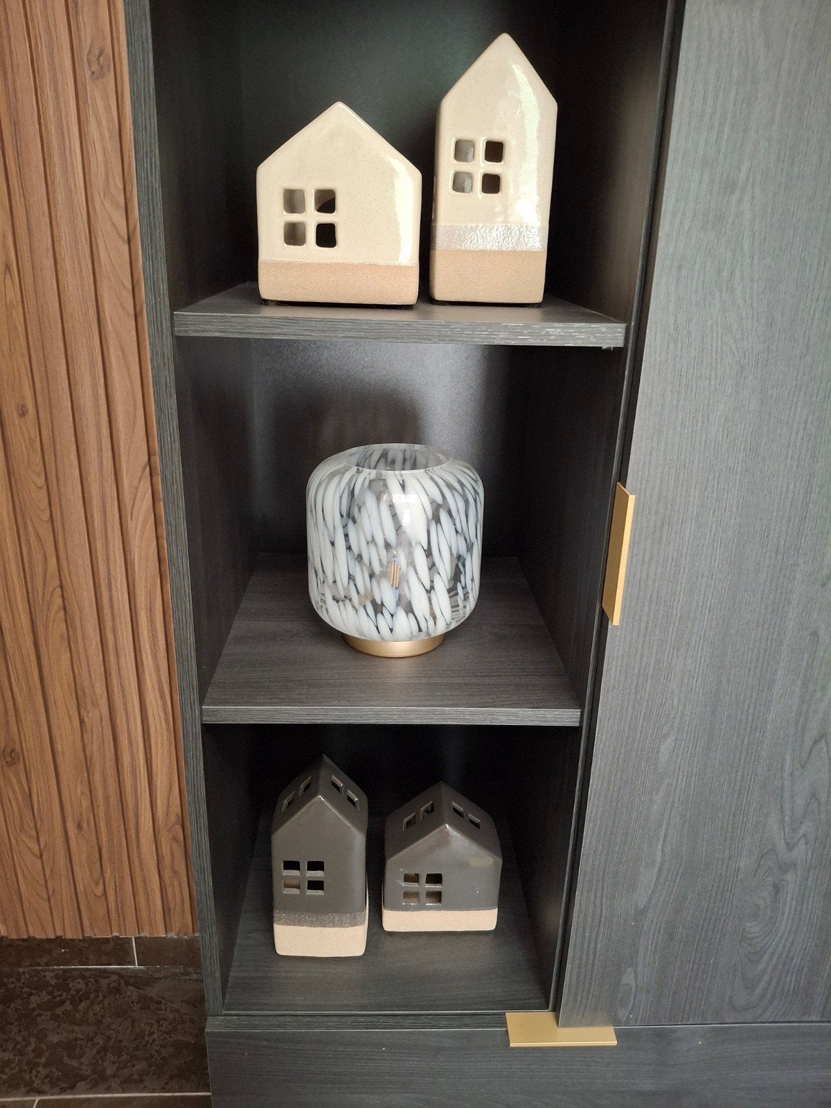 Waxinelicht houders in vorm van huisjes. Per set €4,00., Ophalen of Verzenden, Zo goed als nieuw, Grijs, Overige materialen