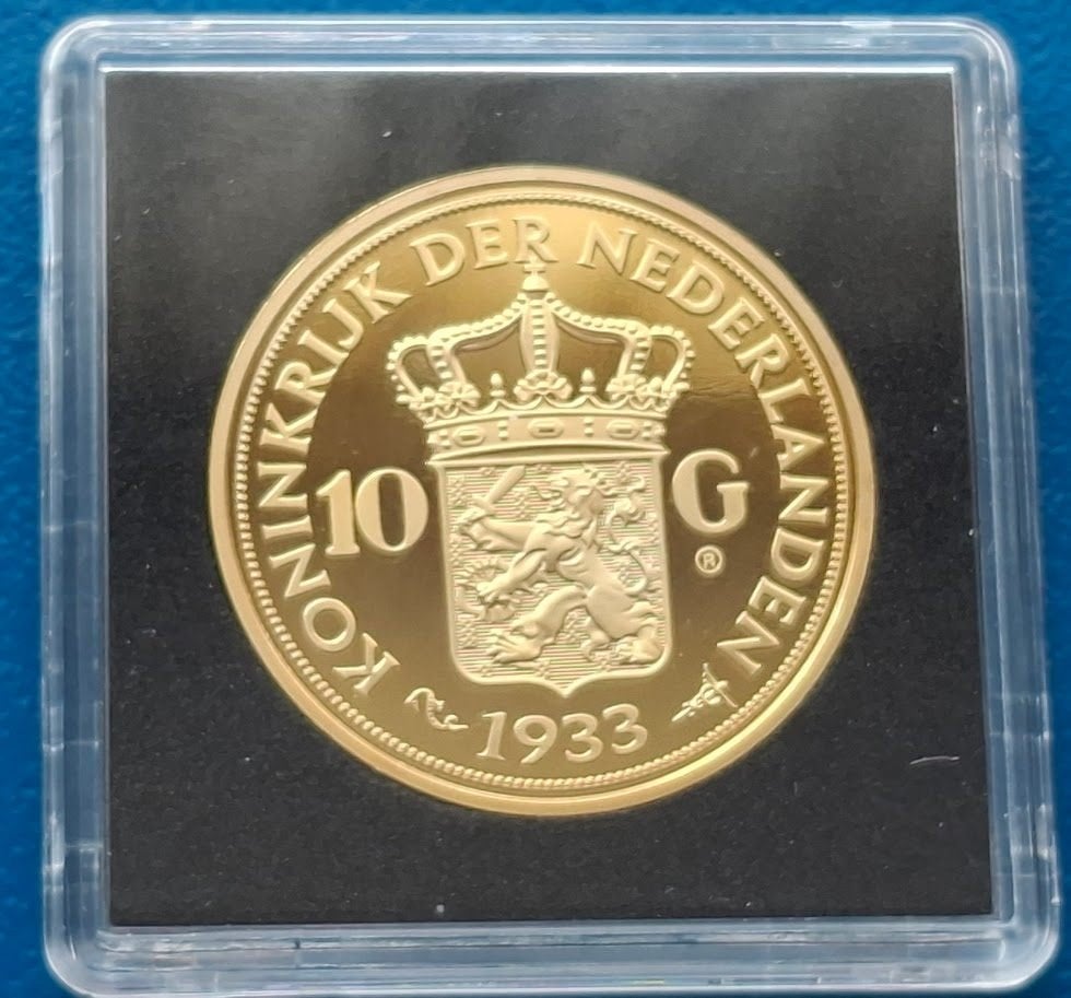 Originele Herslag 10 Gulden 1933 - Wilhelmina, Verzenden, Brons, Nederland