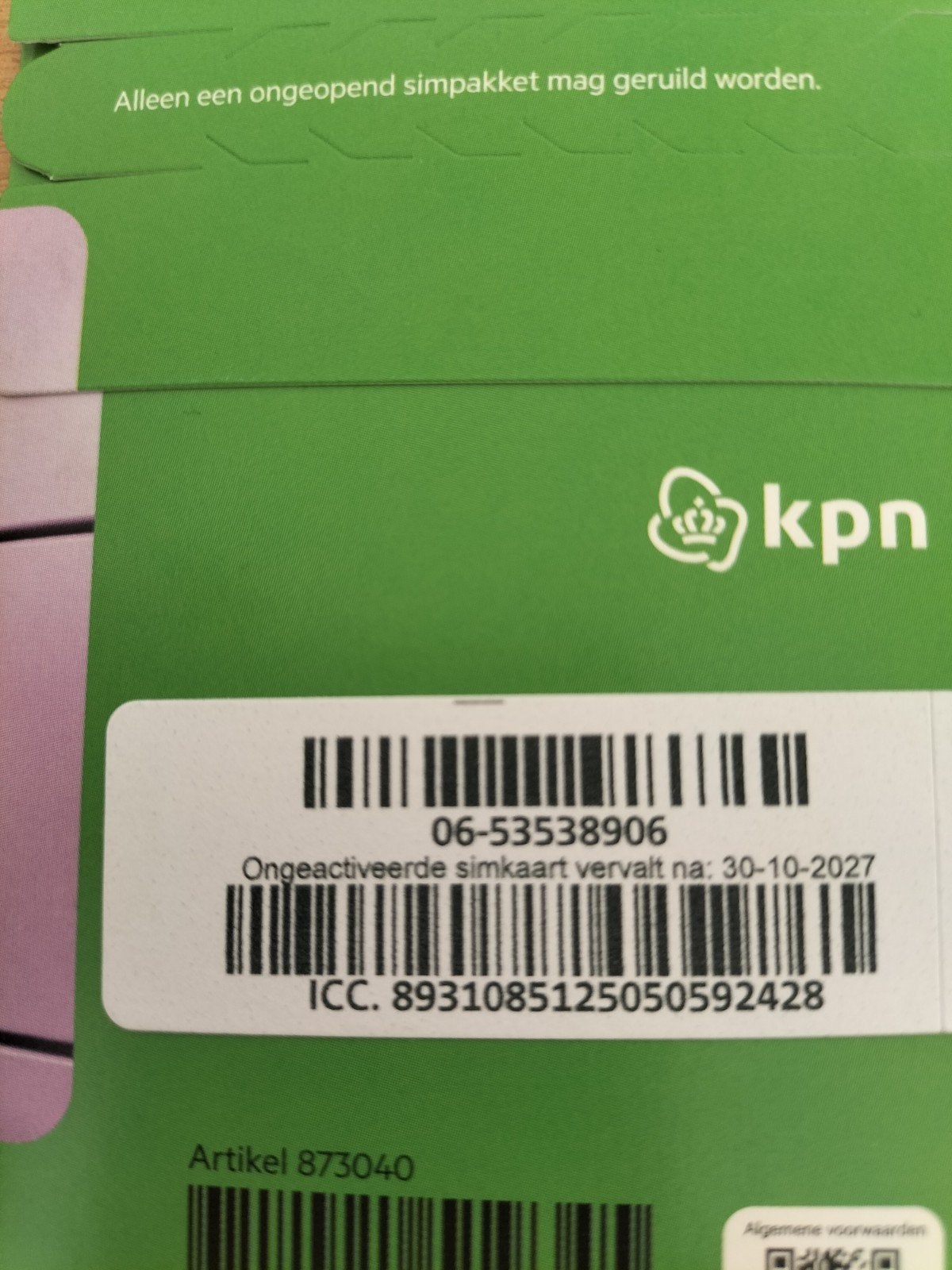 KPN Ongeactiveerde Simkaart - Geldig 30-10-2027 - 0653538906, Ophalen, Nieuw, KPN, Simkaart