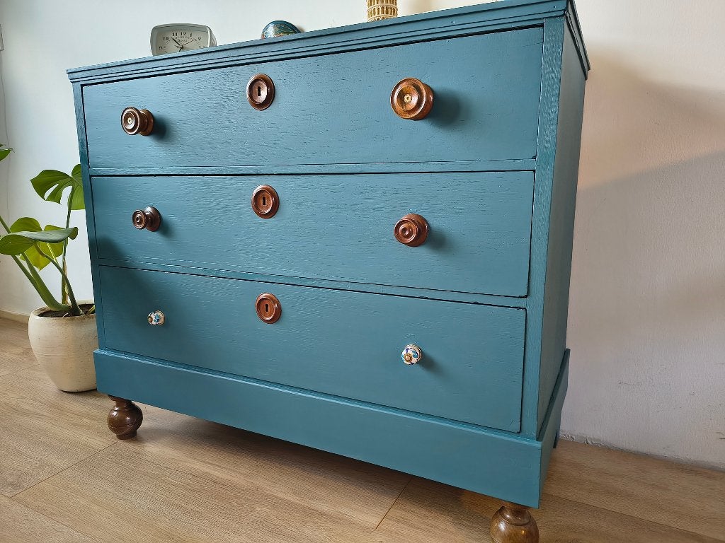 Vintage Commode / Chest of Drawers – Petrol Blue & Wood, Zo goed als nieuw, 3 of 4 laden, Onbekend, 25 tot 50 cm