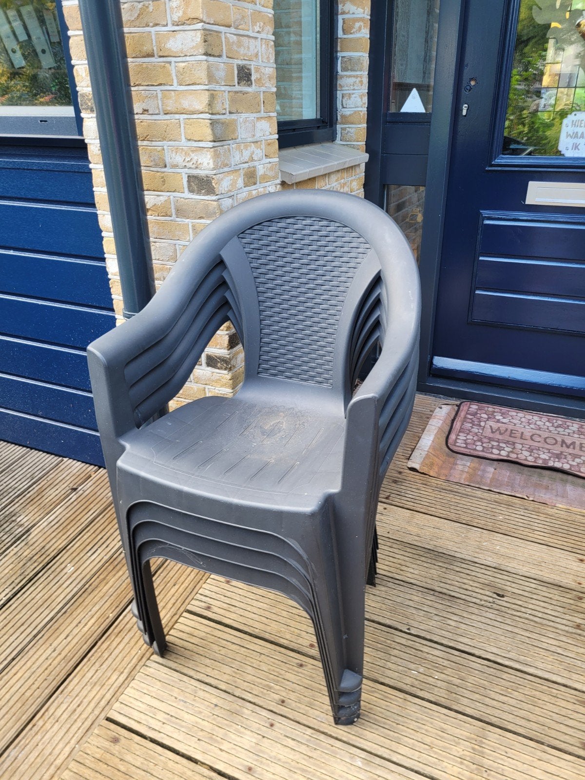 Set van 4 kunststof stapelstoelen - Grijs, Tuin en Terras, Ophalen, Gebruikt, Kunststof, Stapelbaar