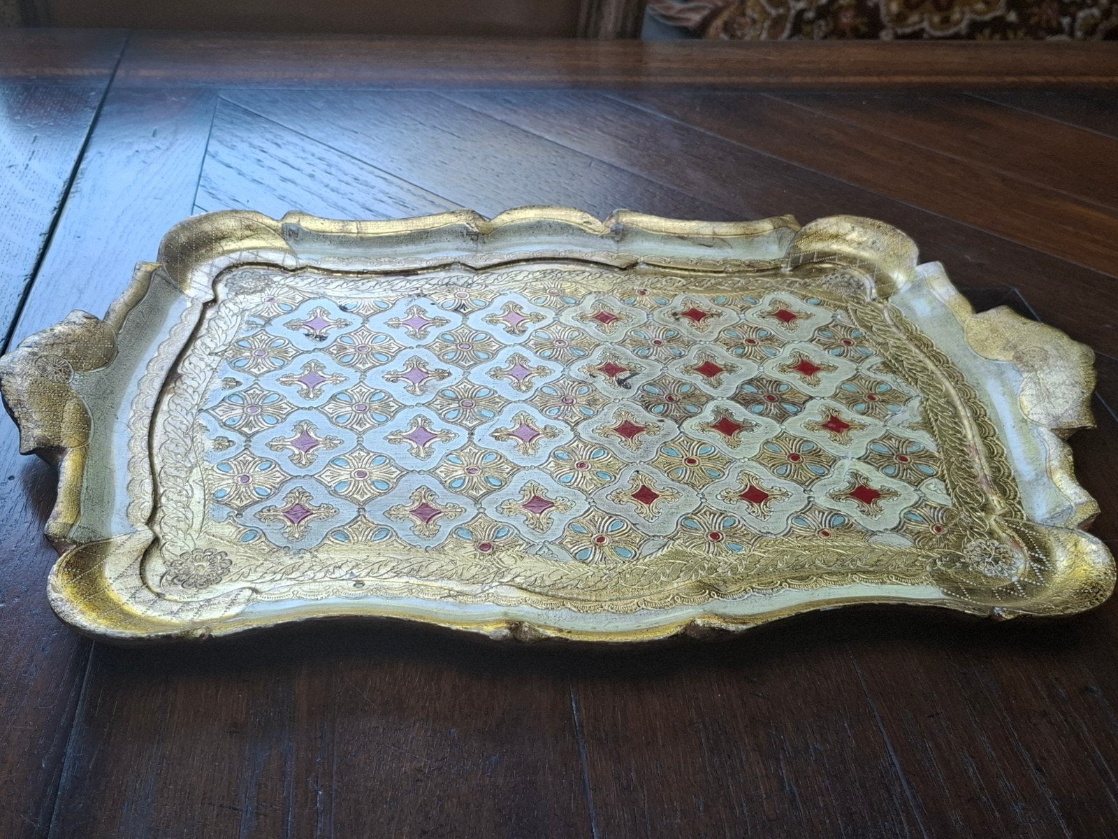 Vintage Florentijns dienblad, Italiaans hout, goudkleurig, Gebruikt, Ophalen of Verzenden, Handgemaakt, Overige vormen
