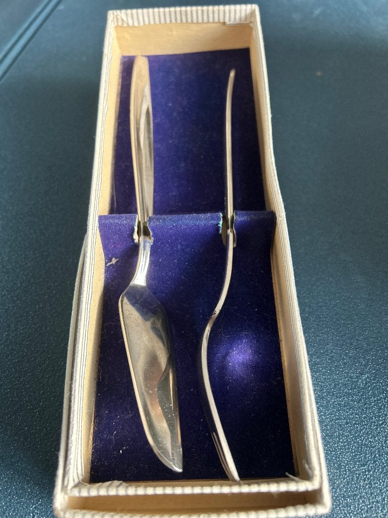 Vintage Kaasmes en Vork Set in Originele Doos, Antiek en Kunst, Ophalen of Verzenden