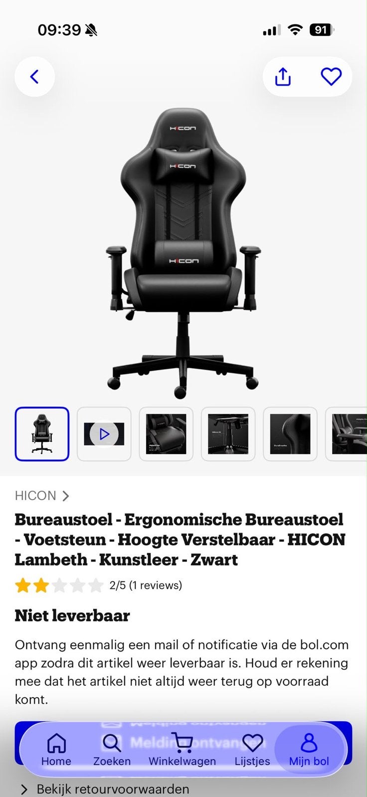 HICON Ergonomische Bureaustoel met Voetsteun - Zwart, Ophalen, Zwart, Nieuw, Bureaustoel