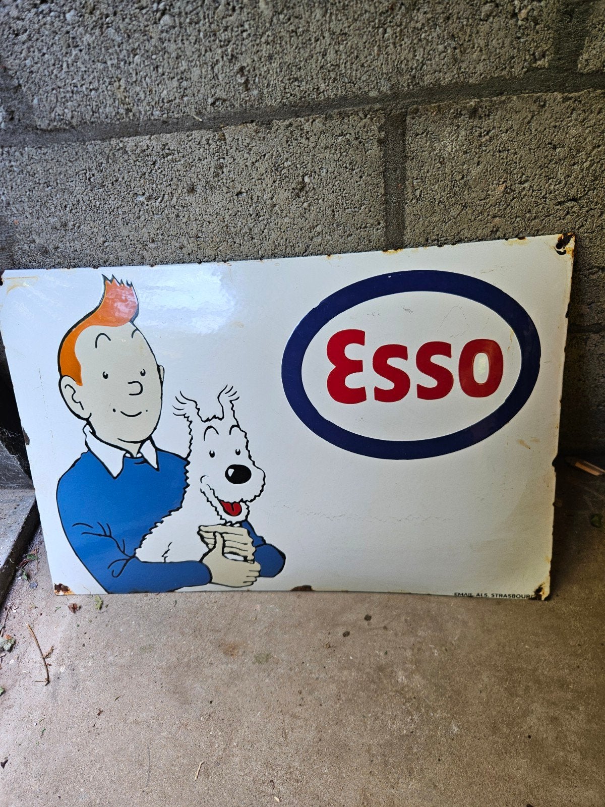 Vintage Kuifje & Bobbie Esso Emaille Bord - ALS Strasbourg, Ophalen of Verzenden