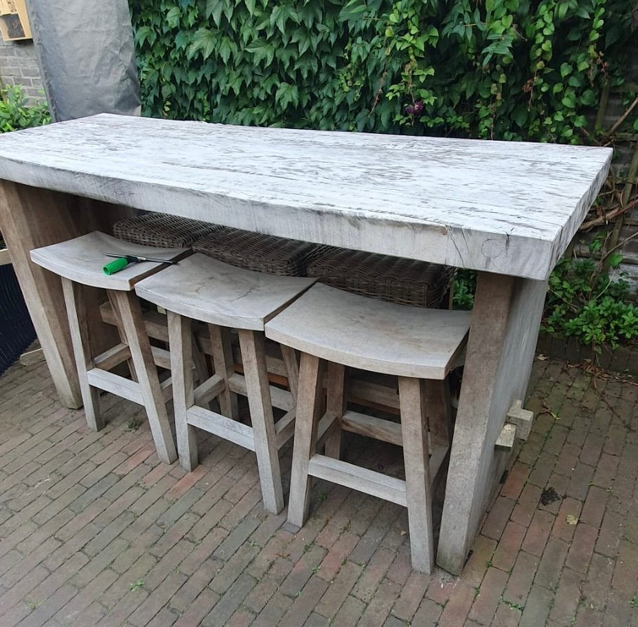 Complete AVH Outdoor Boomstam bartafel + 6 barstoelen, Ophalen, Zo goed als nieuw, Rechthoekig, Teakhout