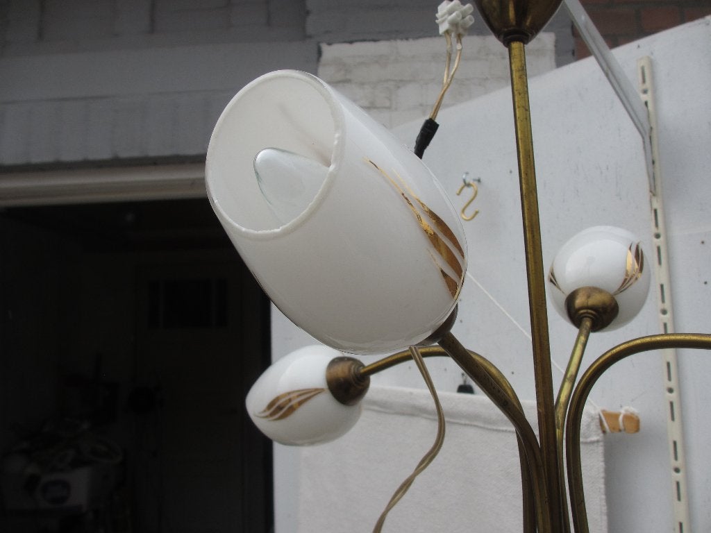 Vintage hanglamp / kroonluchter met kelkjes jaren 50, Huis en Inrichting, Gebruikt, Ophalen of Verzenden, Glas, E14 (klein)