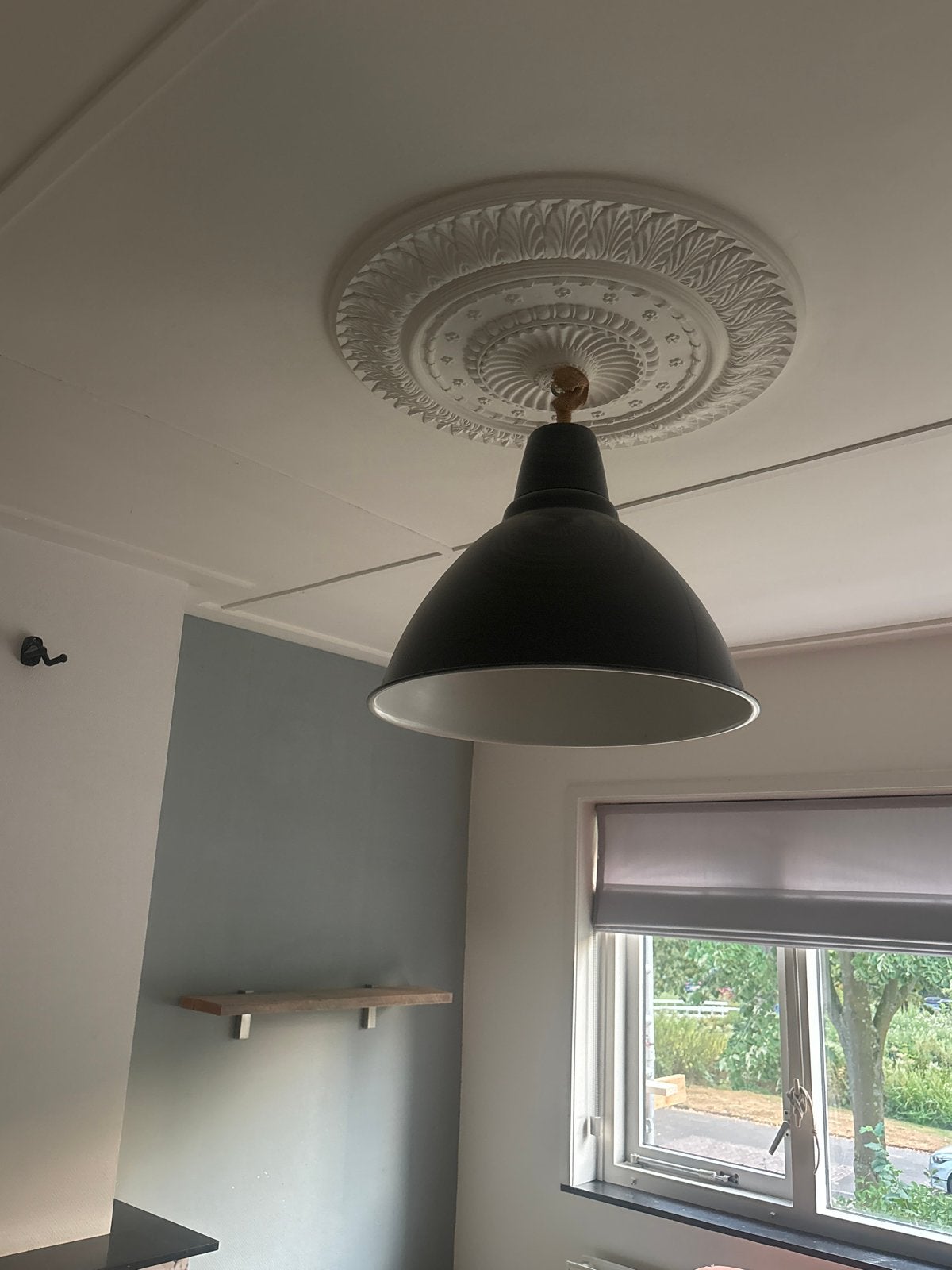 Grote grijze hanglamp met plafondrozet, Ophalen, Gebruikt, Metaal, E27 (groot)