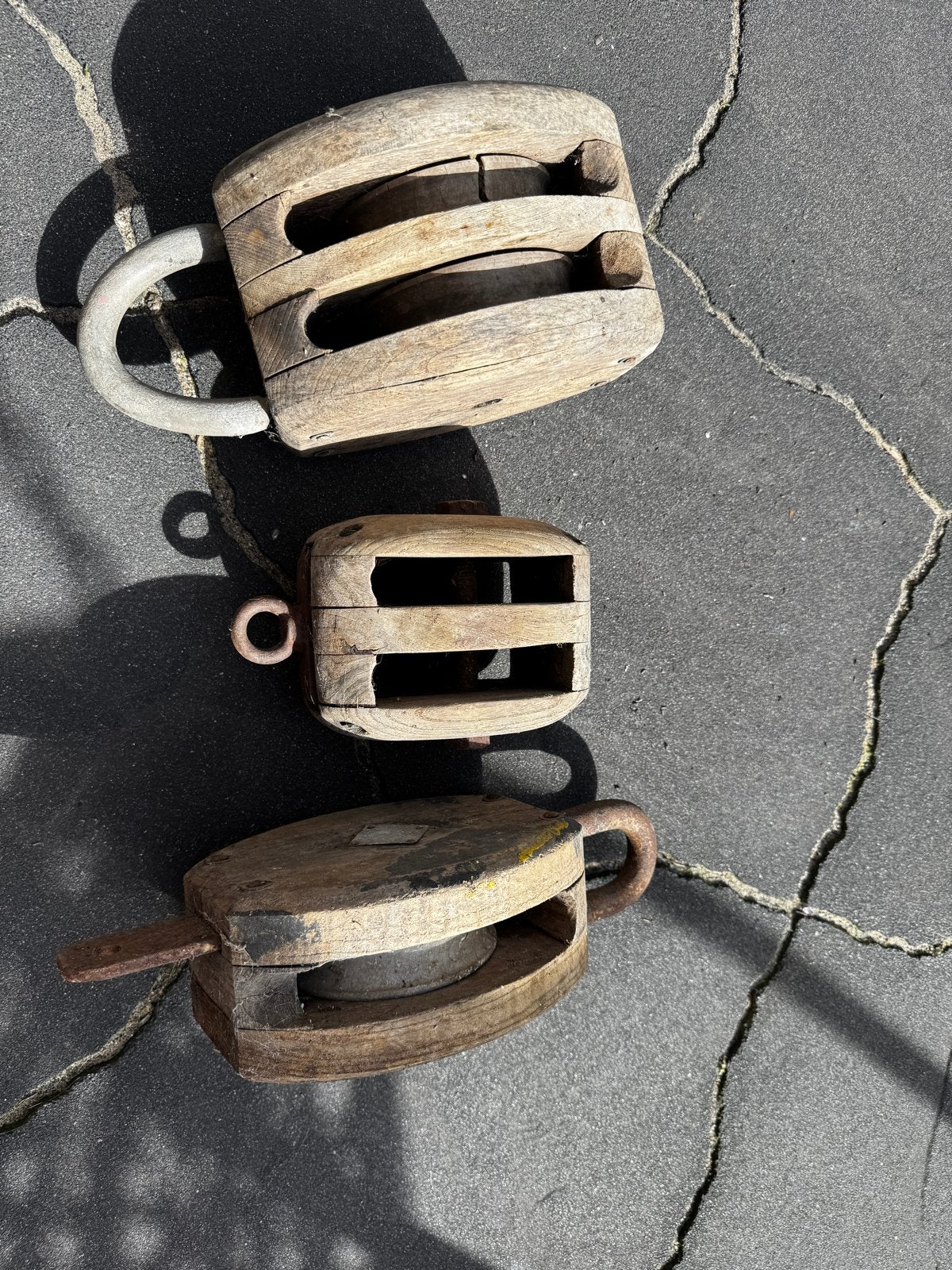 Set van 3 Antieke Houten Katrollen - Decoratief, Ophalen of Verzenden