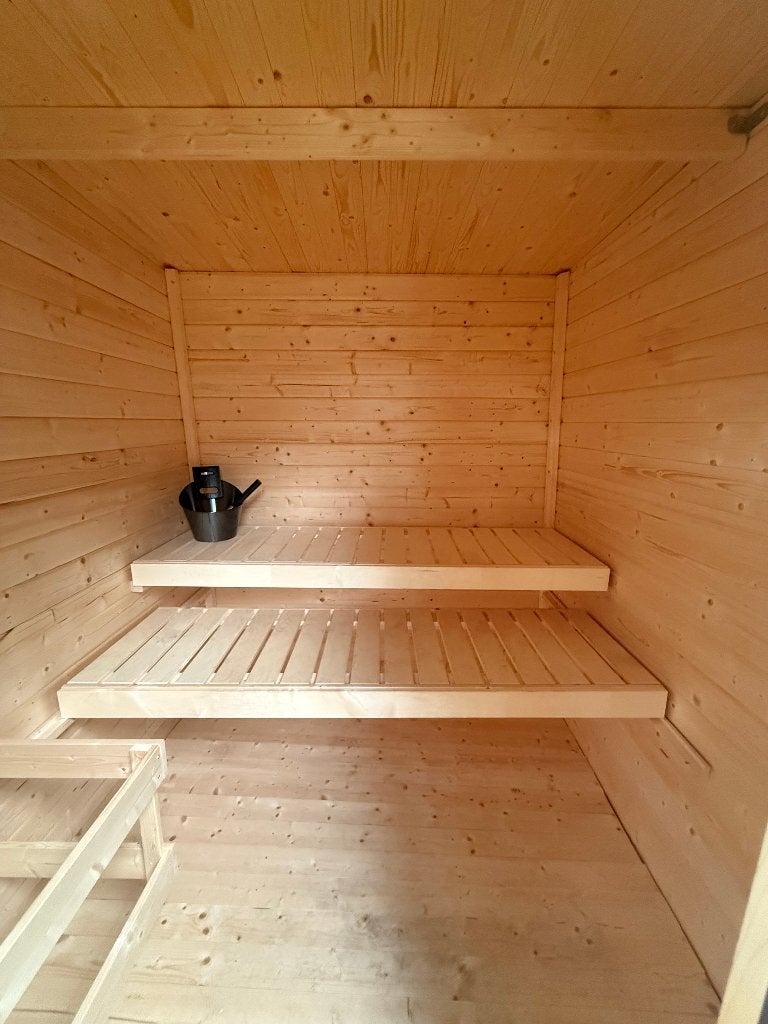 Karibu | Buitensauna Hytti 2 Terragrijs | SHOWROOMMODEL, Sport en Fitness, Sauna, Ophalen, Zo goed als nieuw, Fins of Traditioneel