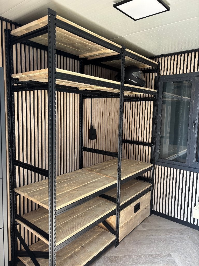 Unieke stellingkast, ladekast industrieel staal/steigerhout, Huis en Inrichting, Ophalen, 100 tot 150 cm, Nieuw, 25 tot 50 cm