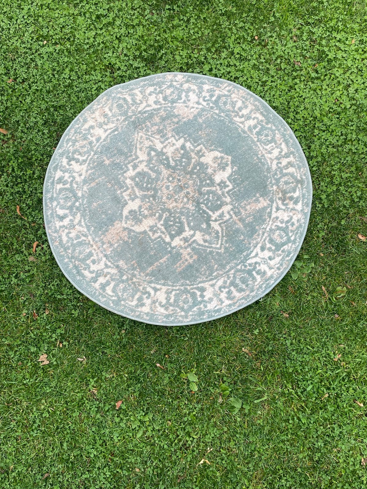 Rond vloerkleed 98 cm doorsnede - Groen/Crème, Gebruikt, Rond, Groen, 50 tot 100 cm