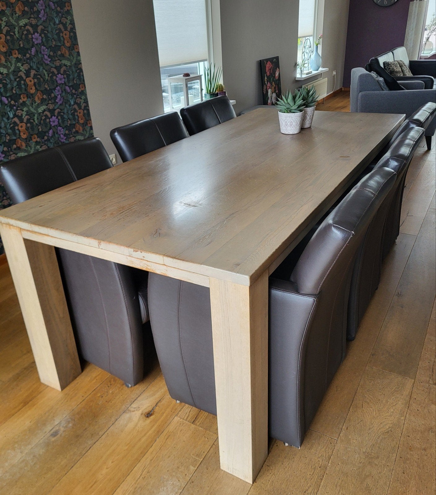 Eiken tafel met 6 fauteuils met wieltjes, Ophalen of Verzenden, Gebruikt, 4 tot 6 stoelen