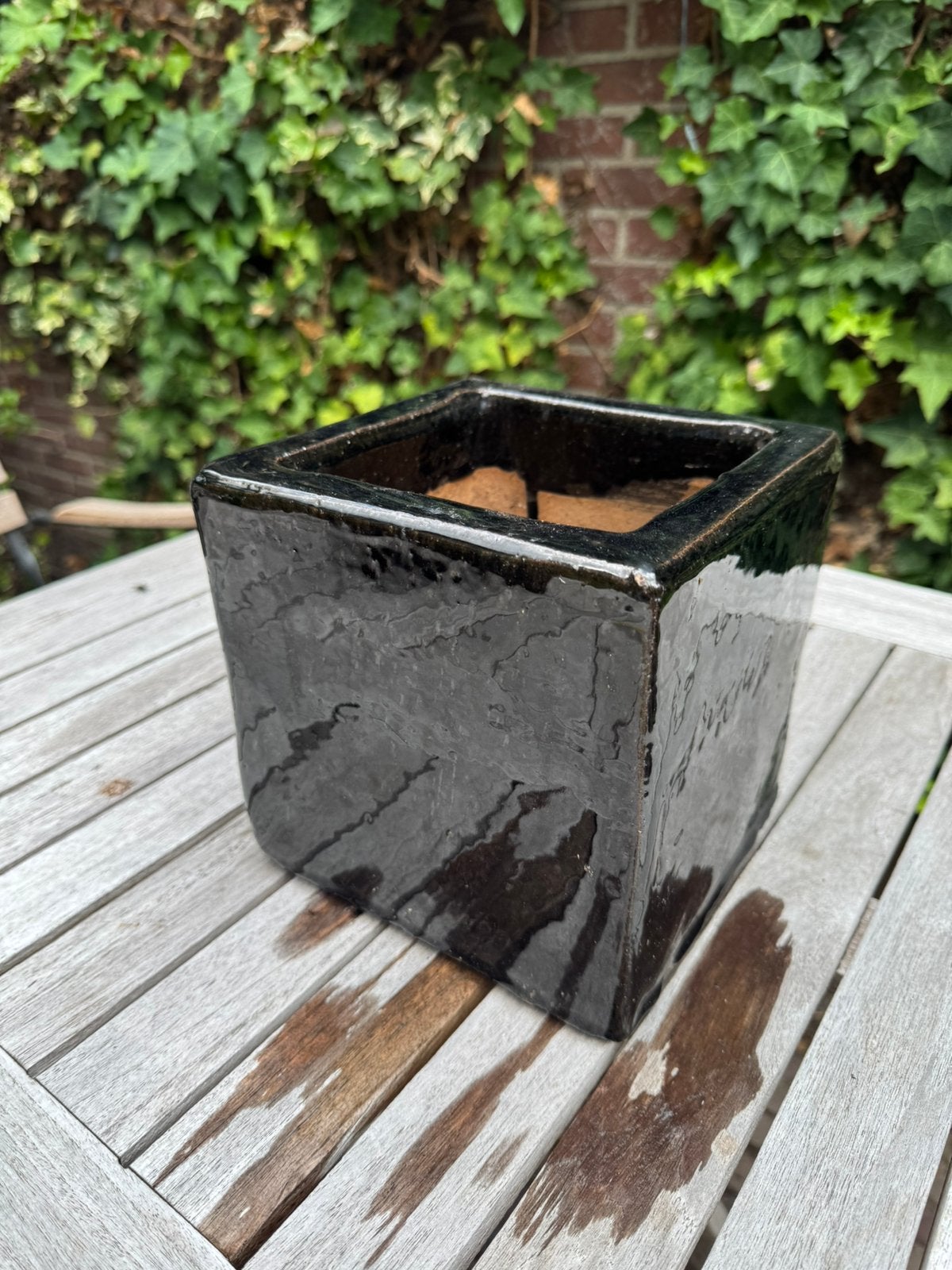 Zwarte plantenpot kubus vierkant, Ophalen, Zo goed als nieuw, Steen, Minder dan 30 cm