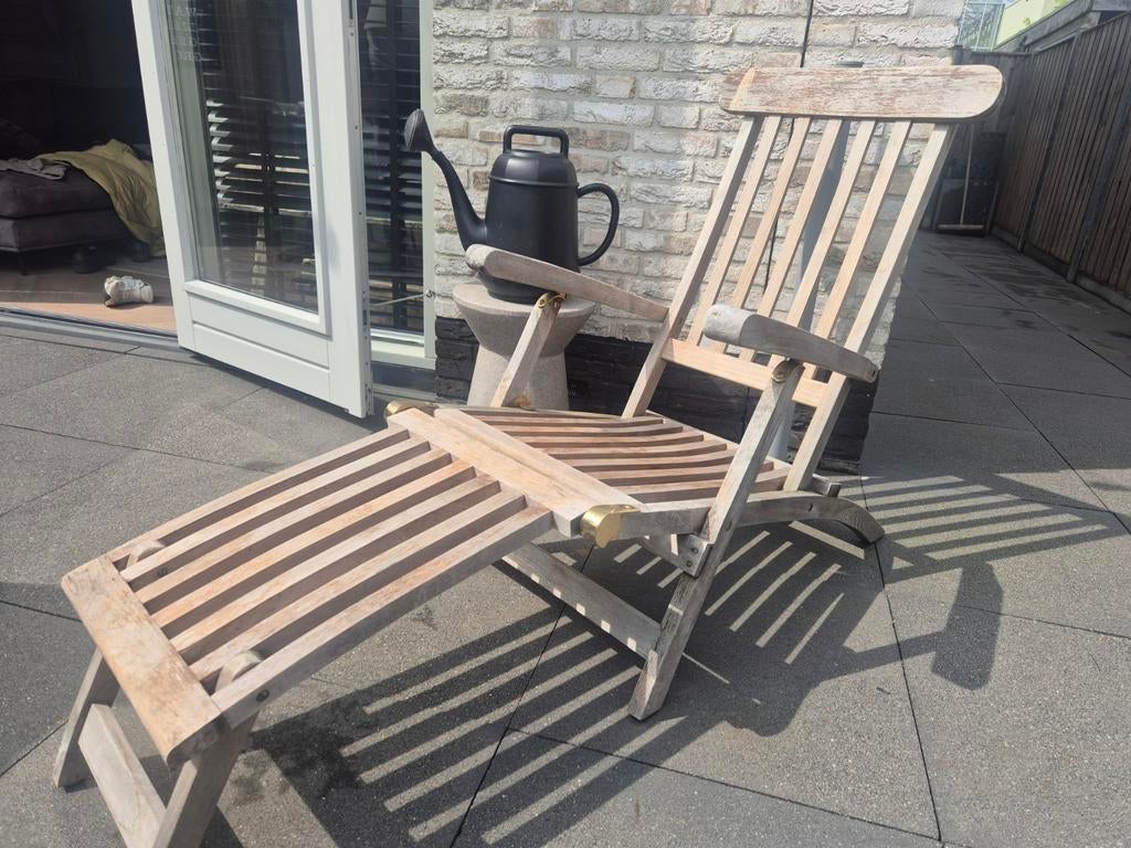 Houten ligstoel/ deckchair met zwart kussen, Ophalen of Verzenden, Gebruikt, Hout