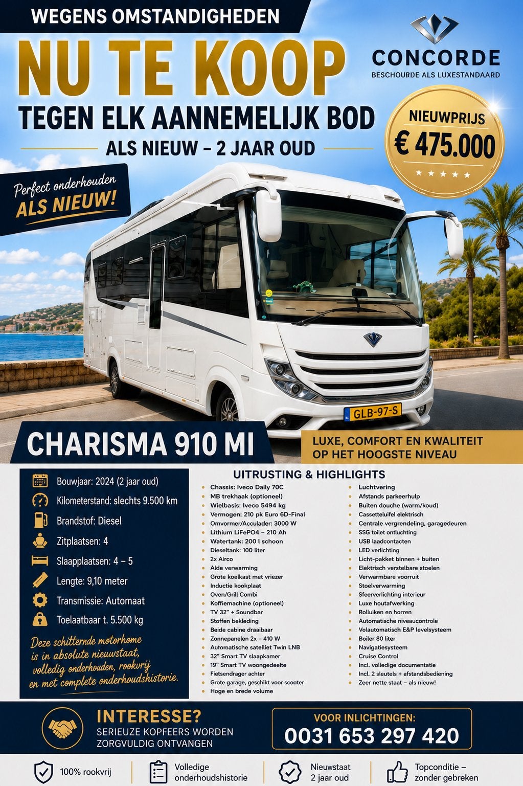 Concorde Charisma 910 MI - Luxe Integraal Camper, Caravans en Kamperen, Campers, Concorde, Vloeistofverwarming, 9 tot 10 meter