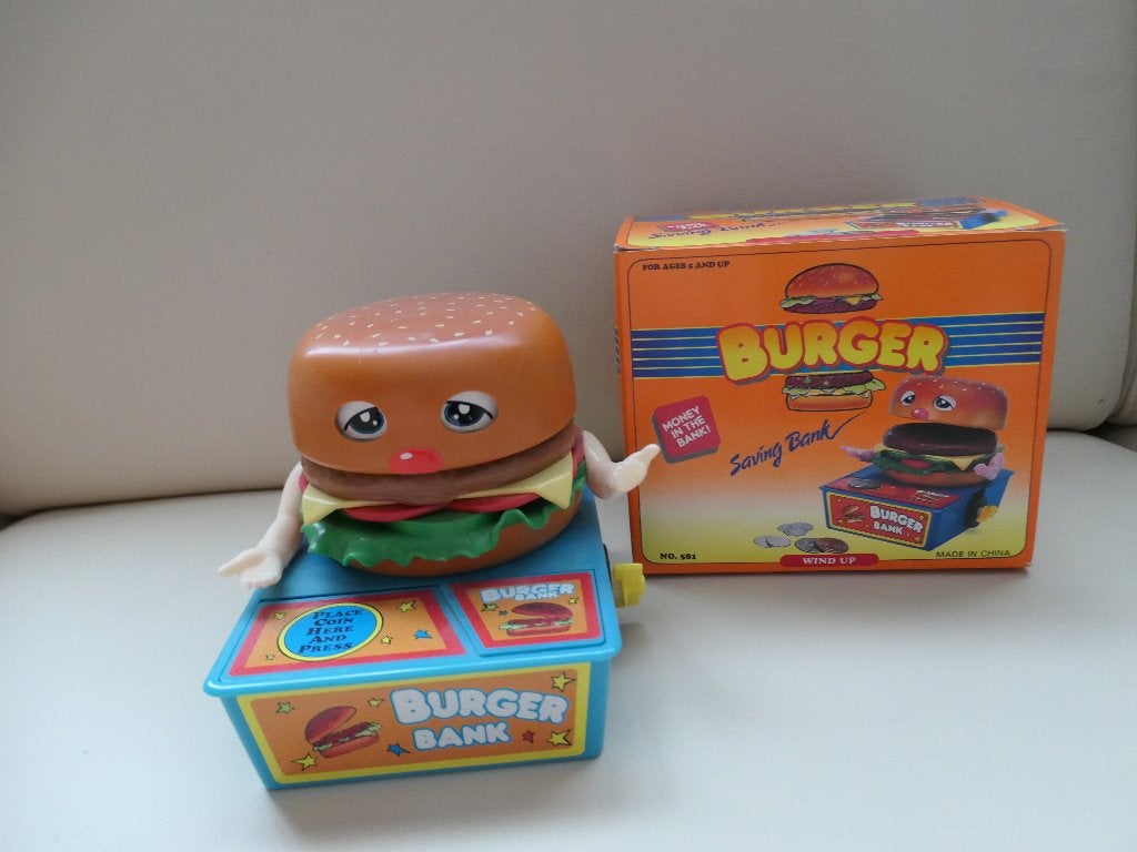 spaarpot burger mechanisch bewegende hamburger, Ophalen, Zo goed als nieuw, Kunststof, Overige thema's