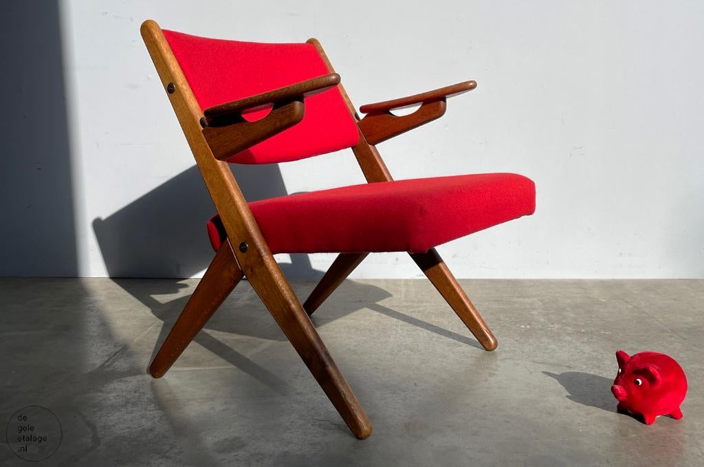 🟡Klassieke vintage fauteuil v Hovmand Olsen in EIKEN, 1960s, Gebruikt, 75 tot 100 cm, Ophalen of Verzenden, Stof